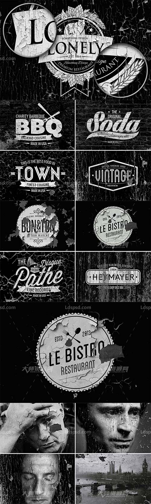 Vintage Overlay Black Version,10个复古斑驳的图像艺术模板